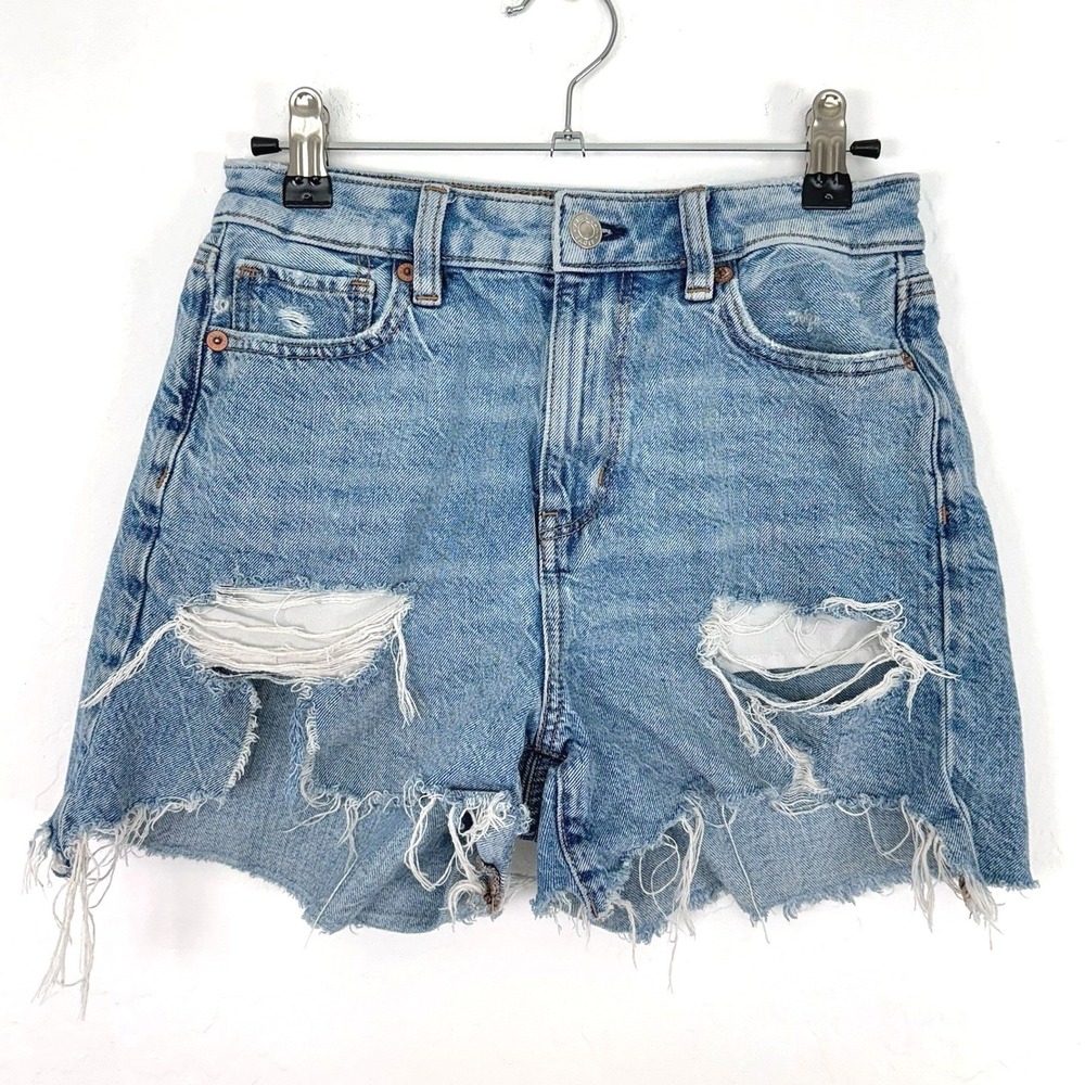 American Eagle Baggy Mom Short Womens 00 Light‎ Blue Distressed Denim Cut Offs